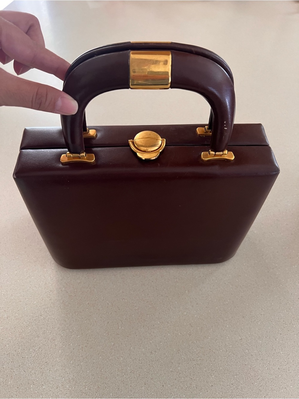 Vintage RODO Italy Brown Leather Box Handbag Gold Hardware Top Handle Purse
